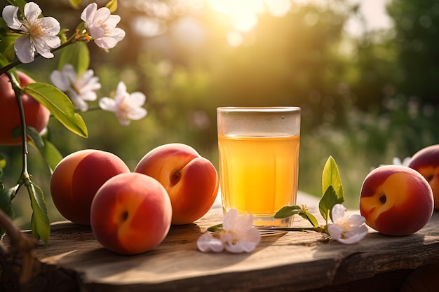 Un verre de jus de pêche est posé sur une table avec un verre de pêches à côté.