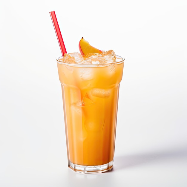 verre de jus de pêche avec de la paille isolée sur un fond blanc boisson de pêche