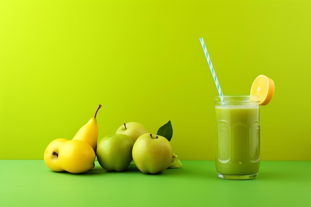 Un verre de jus de poire fraîche avec de la paille et des fruits verts espace de copie verticale