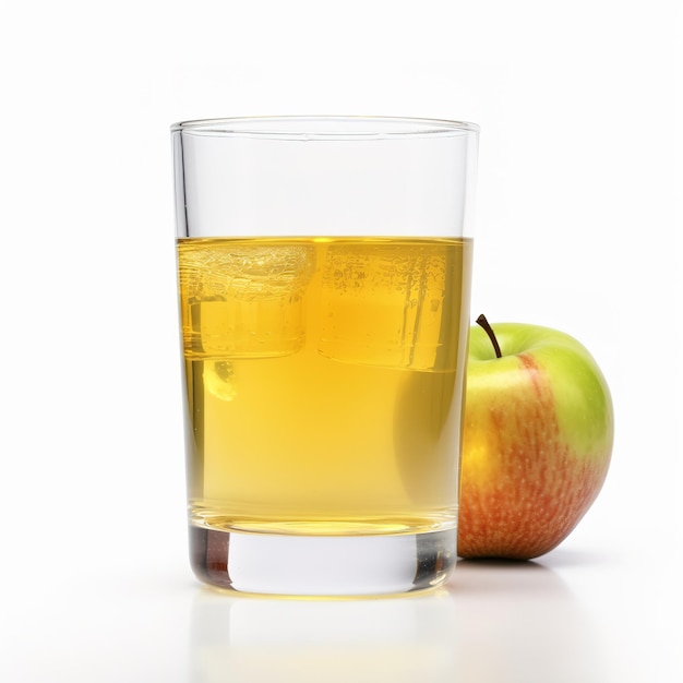 Un verre de jus de pomme à côté d'une pomme rouge.