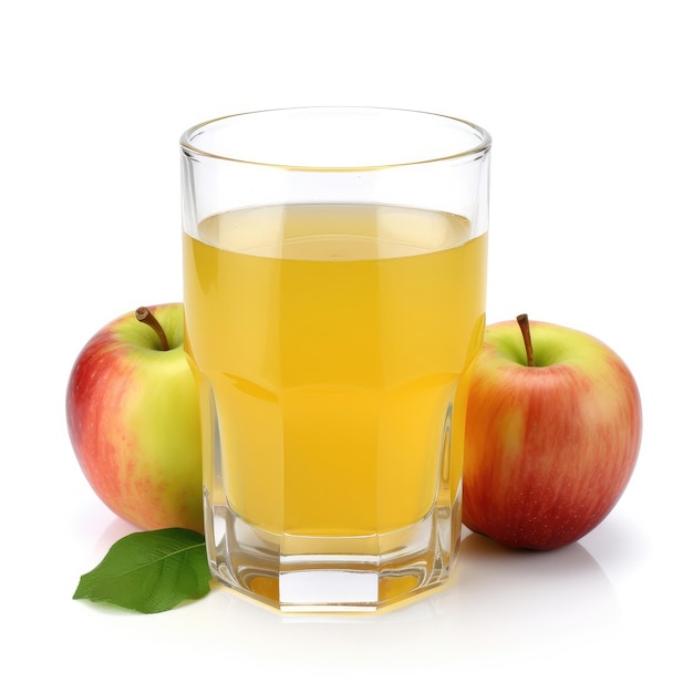 Un verre de jus de pomme avec deux pommes à côté.