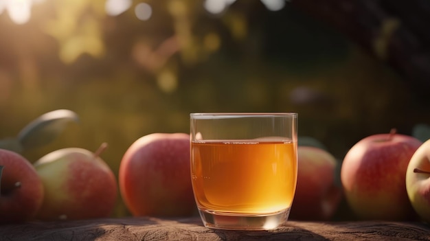 Un verre de jus de pomme est posé sur un rocher à côté d'un tas de pommes.