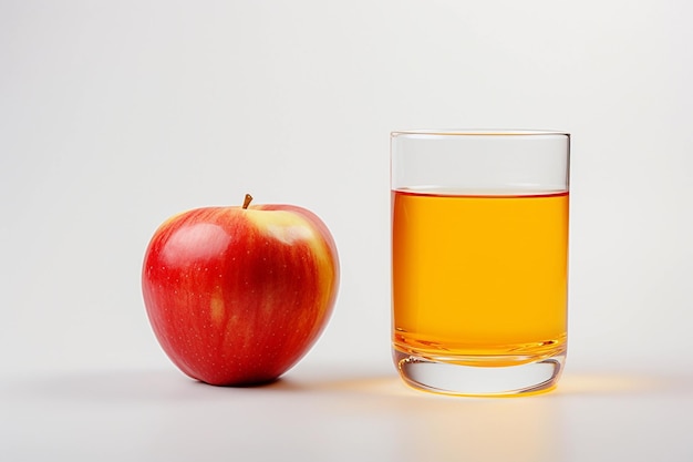 Un verre de jus de pomme et une pomme sur blanc