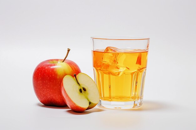 Un verre de jus de pomme et une pomme sur blanc