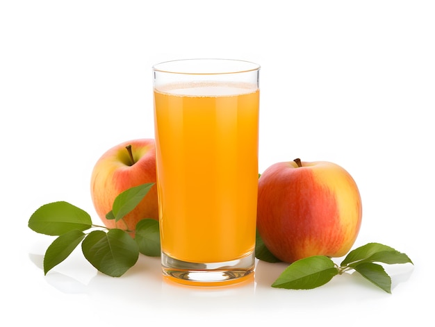 Un verre de jus de pomme avec des pommes sur un fond blanc isolé