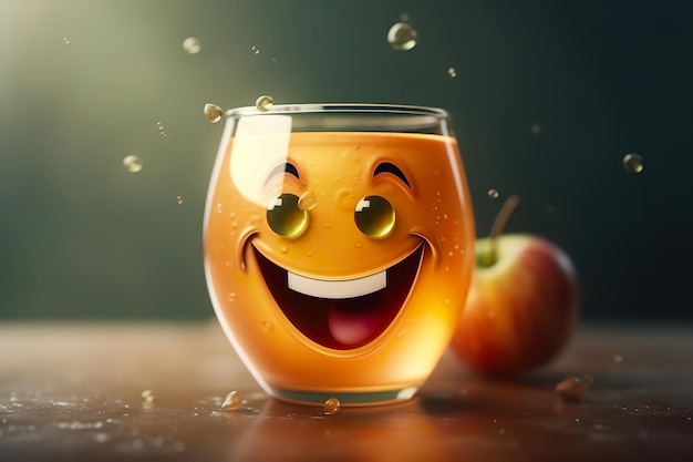 Un verre de jus de pomme avec un smiley dessus