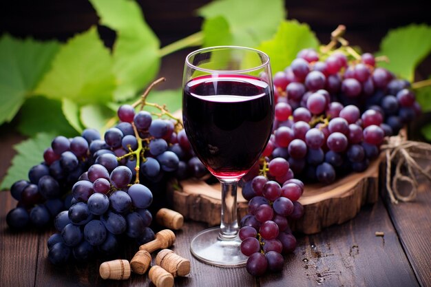 Un verre de jus de raisin à côté d'un bouquet de raisins