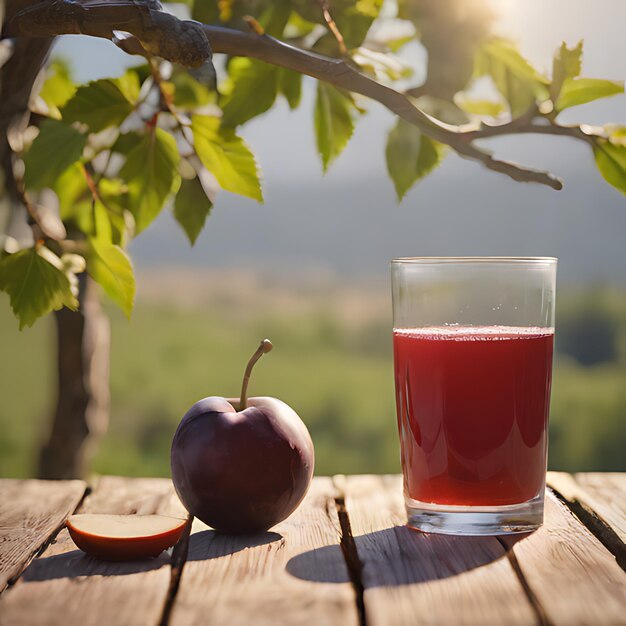 un verre de jus rouge à côté d'une pomme et une pomme