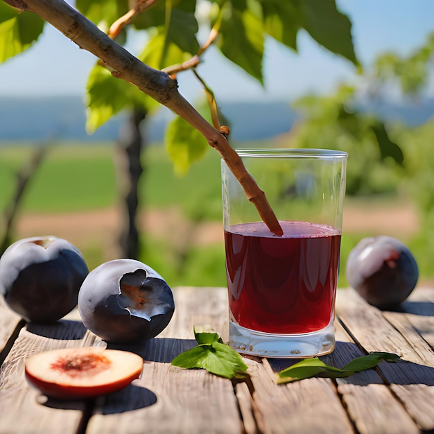 Photo un verre de jus rouge est assis sur une table en bois avec un bâton dedans