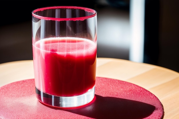 Un verre de jus rouge sur un tapis rouge sur une table.