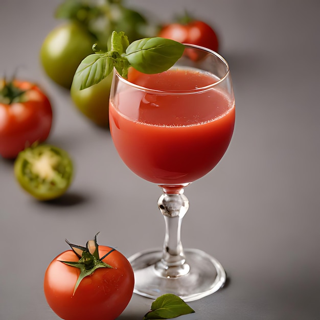 Photo un verre de jus de tomate est assis sur une table avec des tomates et des feuilles de basilic