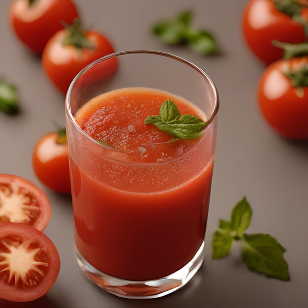 un verre de jus de tomate avec quelques feuilles dessus