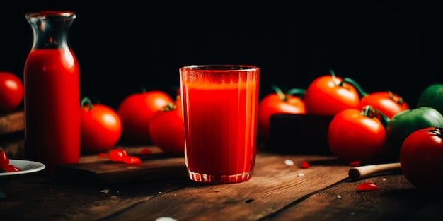 Un verre de jus de tomate avec un tas de tomates derrière