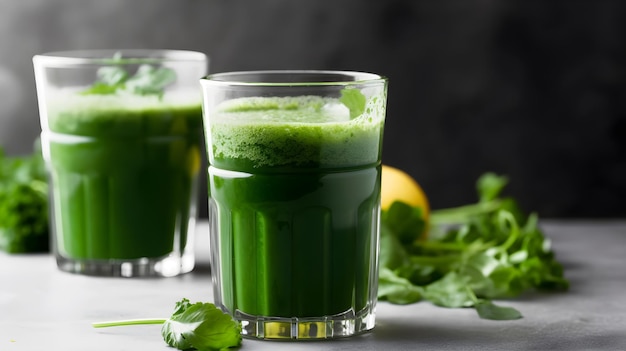 Un verre de jus vert avec un citron sur le côté