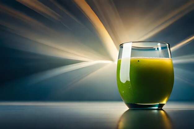 un verre de jus vert est assis sur une table.