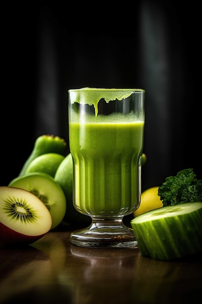 Photo un verre de jus vert avec une tranche de kiwi sur le côté