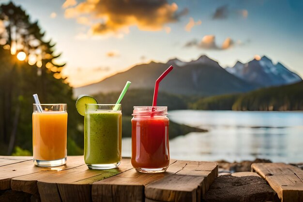 Photo un verre de jus avec vue sur les montagnes en arrière-plan.