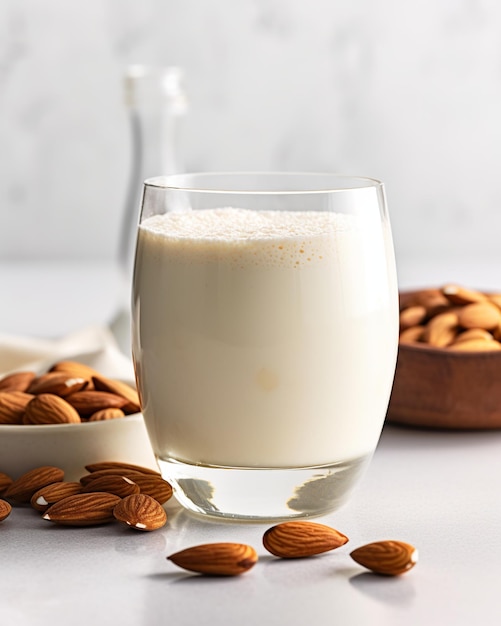 Un verre de lait d'amande et d'amandes sur fond blanc