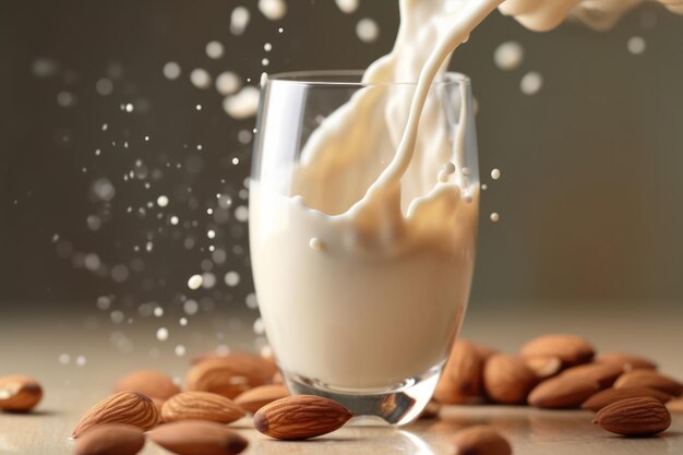 Photo verre de lait d'amande au lait avec éclaboussures publicité professionnelle photographie alimentaire