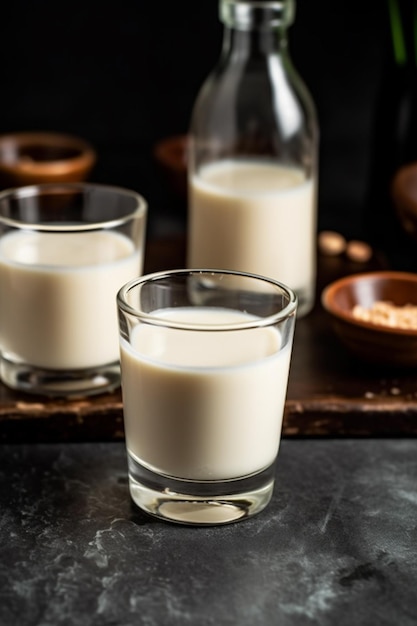 Un verre de lait d'amande avec une bouteille de lait d'amande sur un plateau.