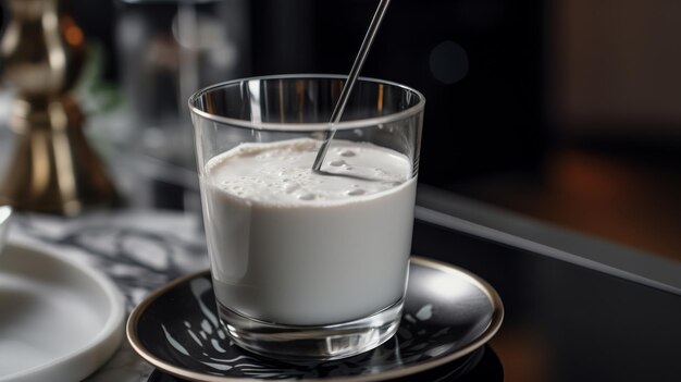 Un verre de lait sur une assiette