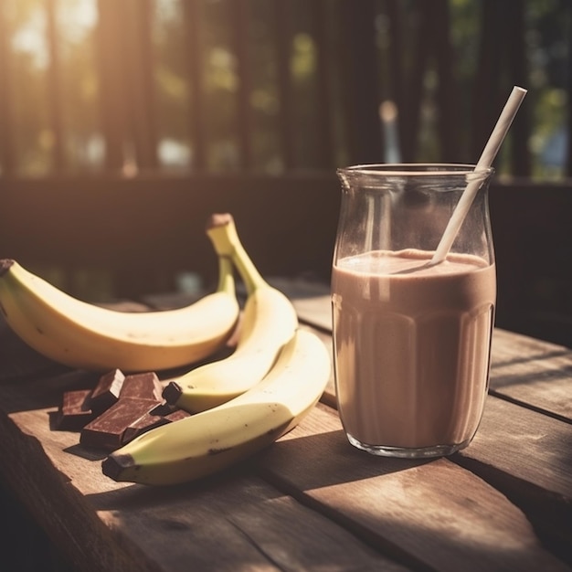 Un verre de lait au chocolat à côté d'une banane sur une table.