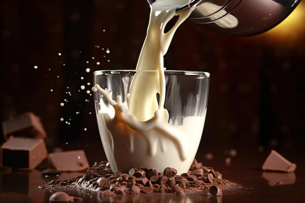 Un verre de lait au chocolat est versé dans une tasse.