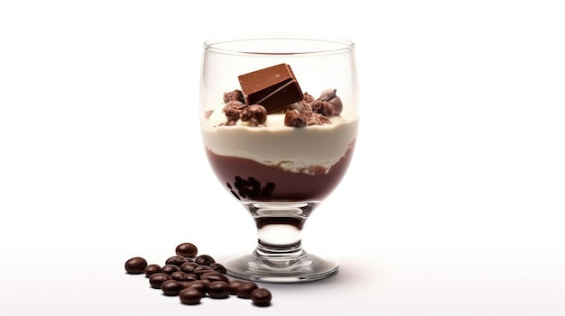 un verre de lait au chocolat avec des grains de café et du chocolat