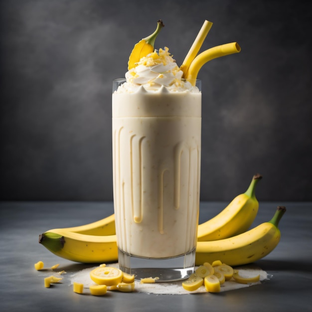 Photo un verre de lait avec des bananes et une banane sur la table.