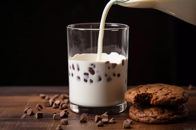 Photo un verre de lait et des biscuits au chocolat.