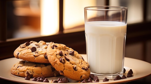 verre de lait avec biscuits aux pépites de chocolat ai génératif