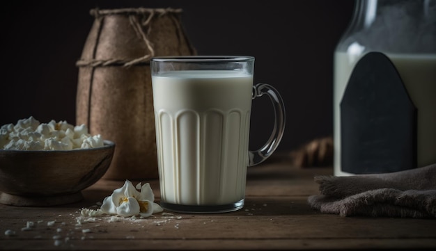 Un verre de lait et un bol de crème fouettée sur une table