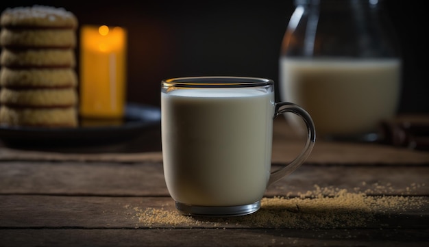 Un verre de lait avec une bougie derrière