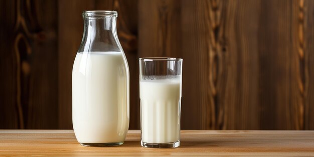 Un verre de lait et une bouteille de lait côte à côte