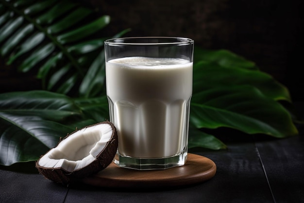 Un verre de lait de coco à côté d'une noix de coco