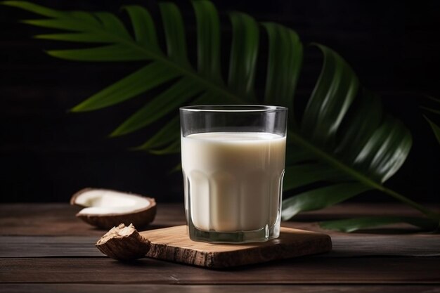 Un verre de lait de coco est posé sur une planche de bois avec une noix de coco dessus.