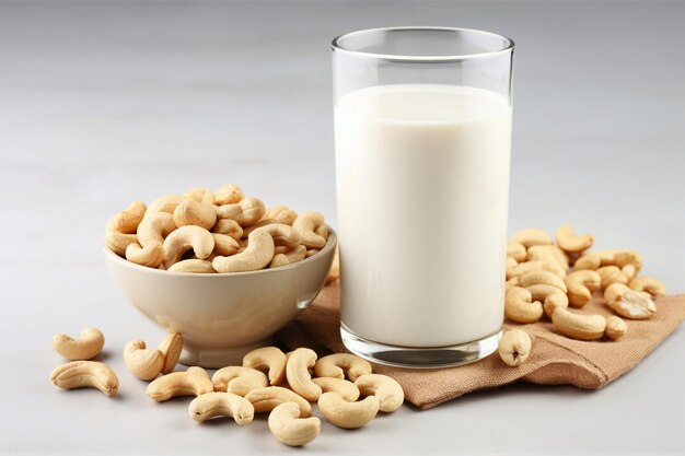 Photo un verre de lait à côté d'un bol d'arachides et un bol d'araignées