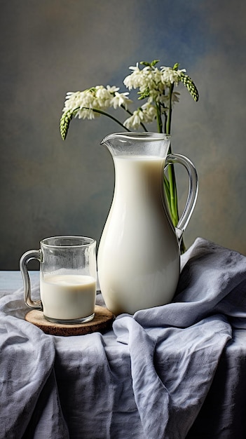 Un verre de lait à côté d'une cruche de lait et d'une Cruche de lait.