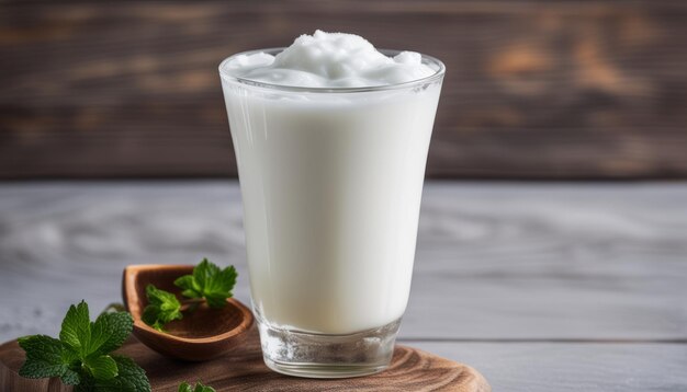 Un verre de lait avec de la crème fouettée sur une table en bois