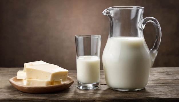 Un verre de lait et une cruche de lait sur une table