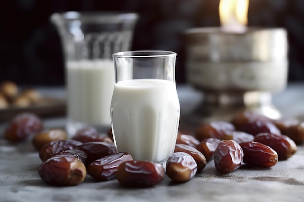 Un verre de lait et de dattes sur une table