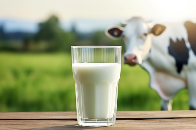 un verre de lait devant une vache image générée par l'IA