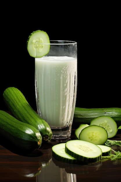 Photo un verre de lait avec du concombre frais.