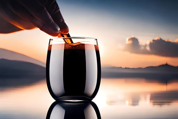 Photo un verre de lait est versé dans un verre avec le reflet d'une montagne en arrière-plan.