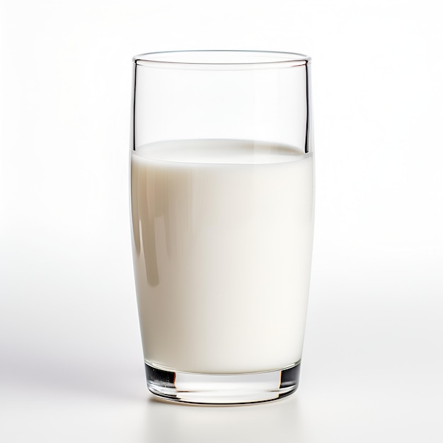 un verre de lait sur fond blanc avec une ombre un verre entier avec une boisson en gros plan