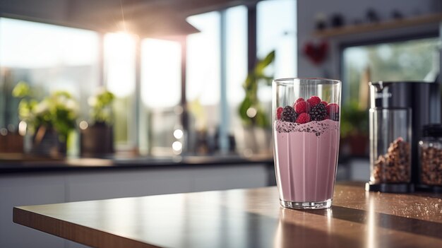 Photo un verre de lait frais et un cocktail de baies sont sur la table à l'intérieur le matin.