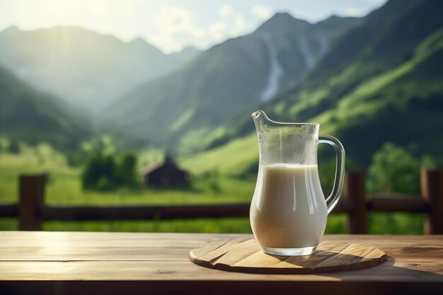 Verre de lait frais sur une table en bois avec des montagnes d'été sur fond illustration d'un mode de vie rustique sain