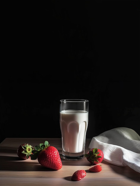 Un verre de lait et une fraise sur une table avec un chiffon blanc.