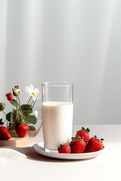 Verre de lait et fraises sur une table