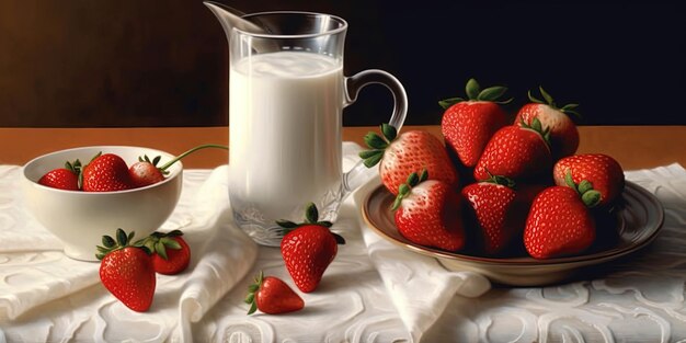 Photo un verre de lait et des fraises sur une table.